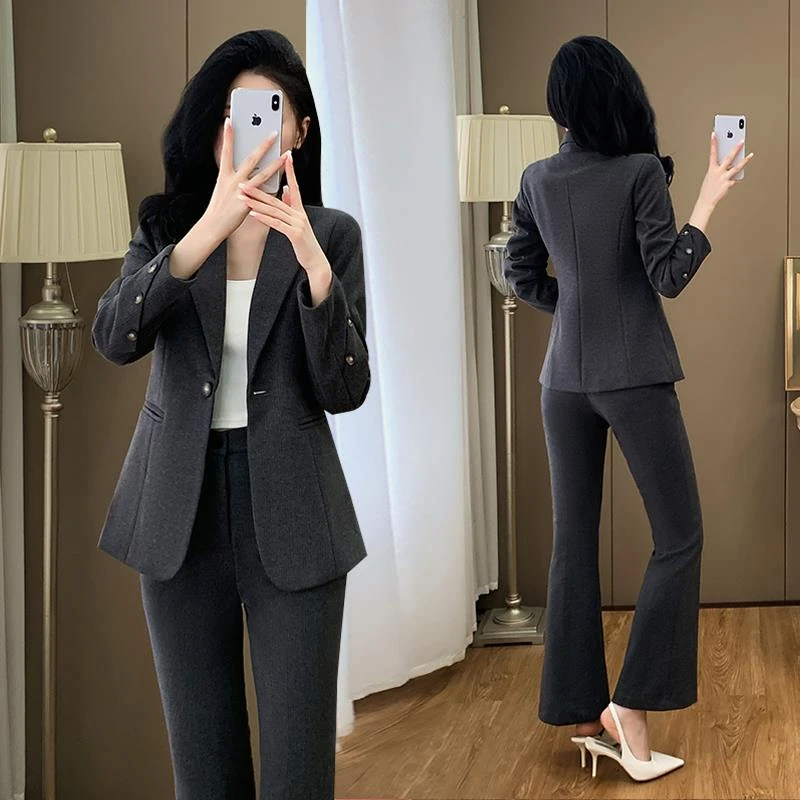 灰色西装外套女秋冬2024新款高级感职业装气质女神范毛呢西服套装