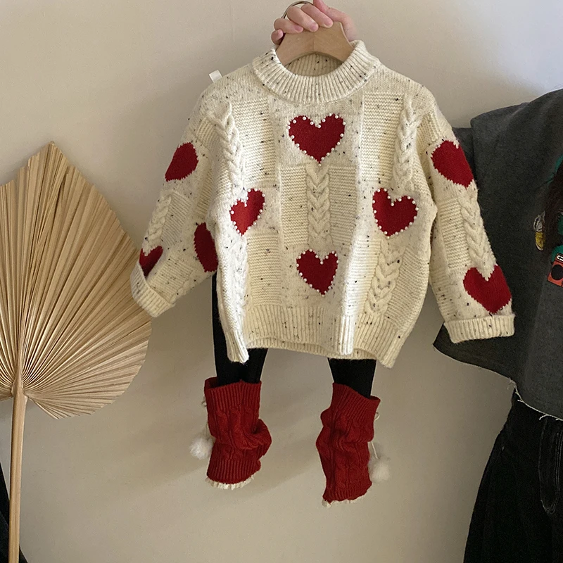 Z-TL001女童设计感珍珠爱心针织毛衣2024秋冬加绒拼接打底裤套装