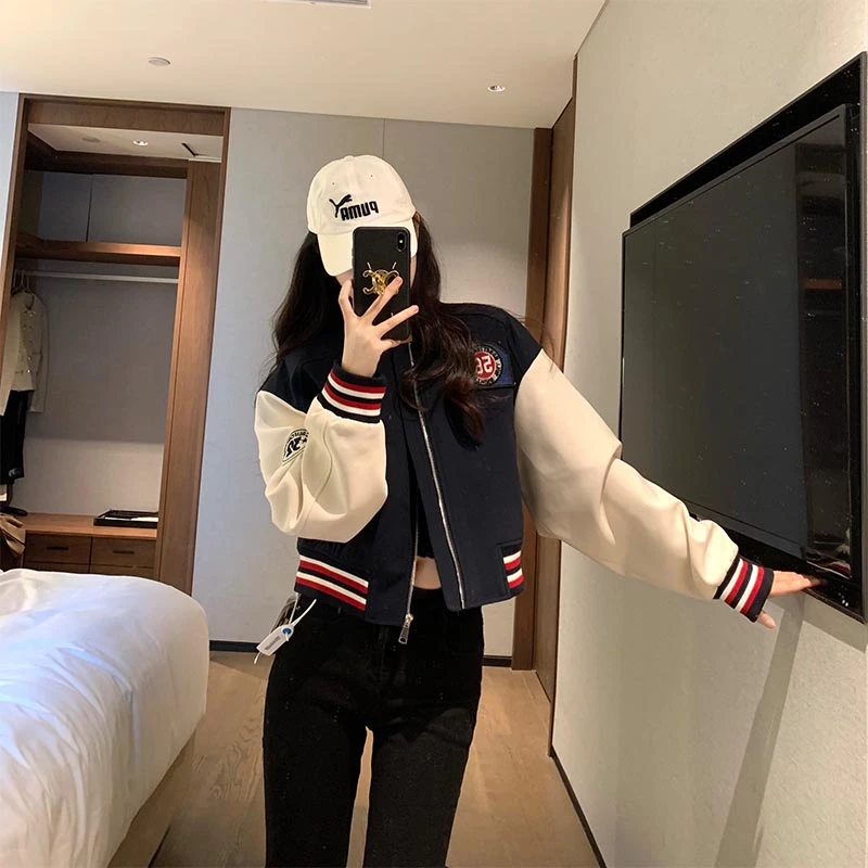 小个子春秋新款高级撞色拼接运动棒球服小香风短款夹克上衣外套女