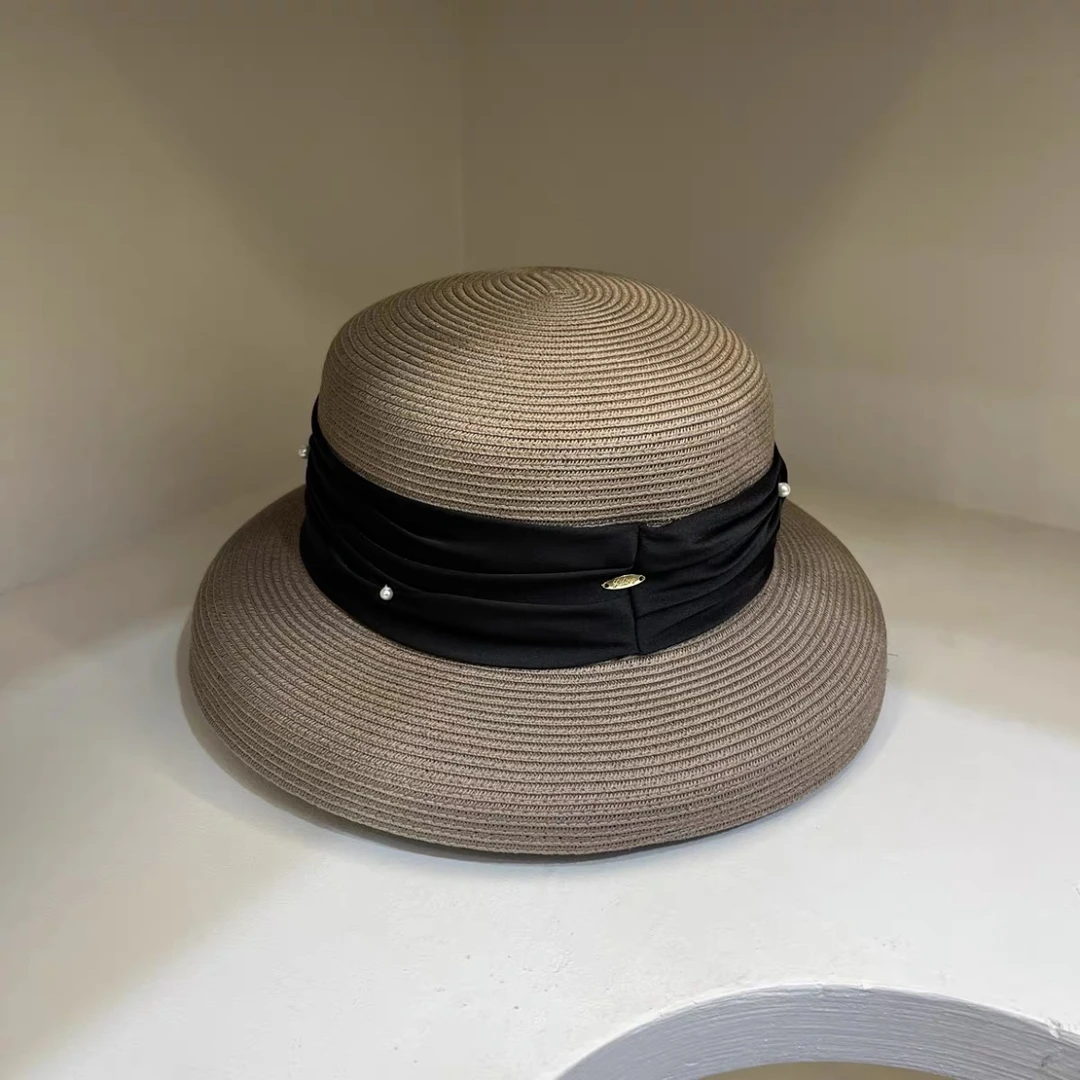 新款法式优雅赫本手工珍珠草帽