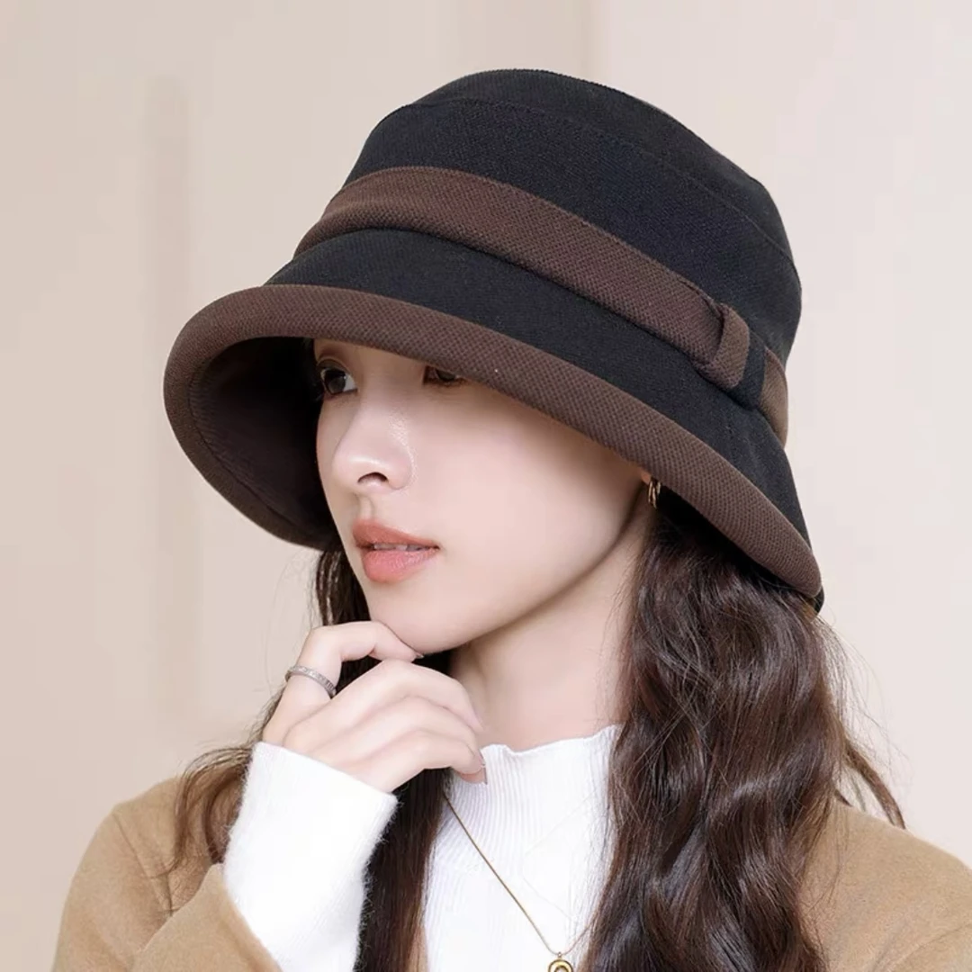 女士秋冬双色拼接百搭赫本渔夫帽