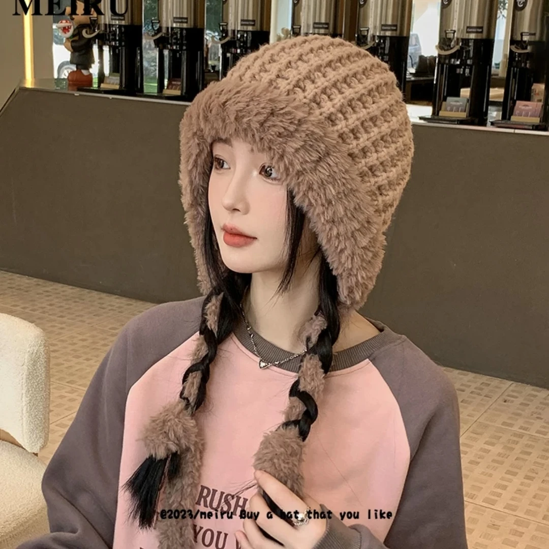 秋冬针织保暖护耳帽女可爱系绳1006