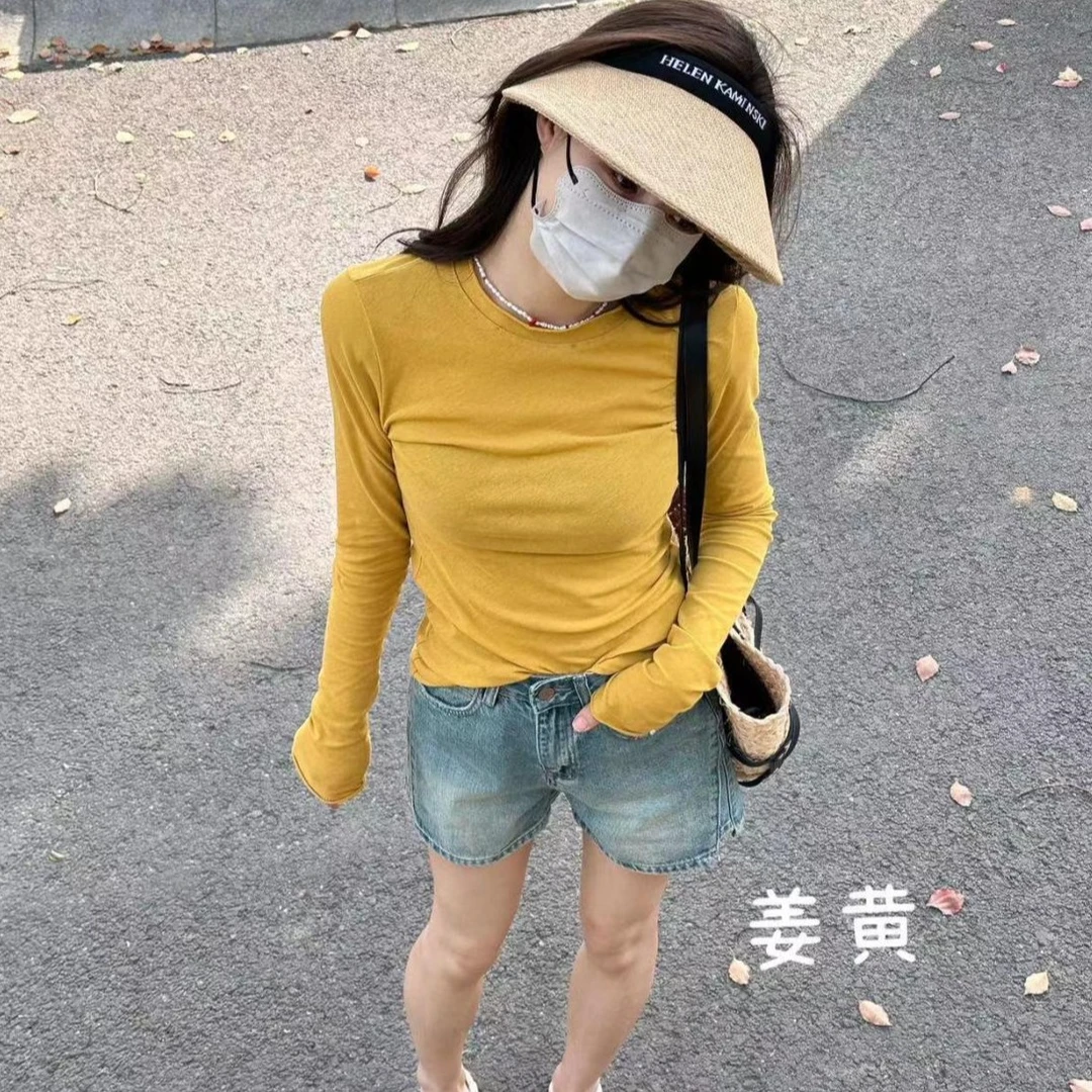 夏季时尚百搭薄款纸片人薄款防晒长袖T恤女微透打底衫内搭ins