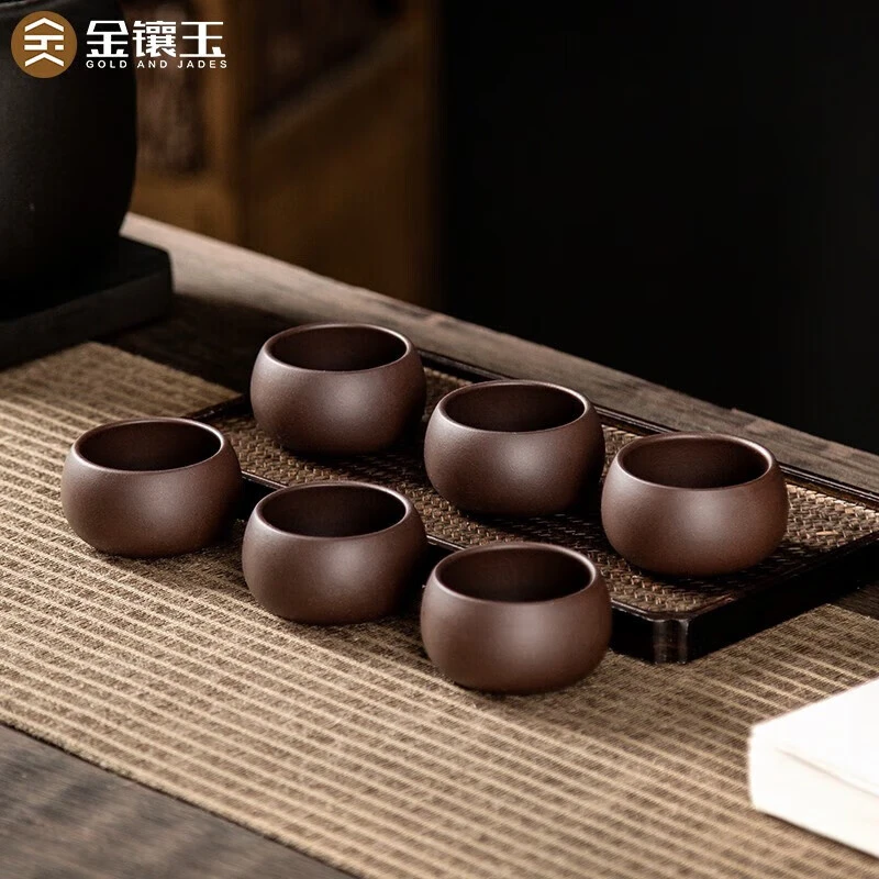 金镶玉宜兴原矿紫砂杯套装手工紫泥品茗杯功夫茶具紫泥罗汉杯*6