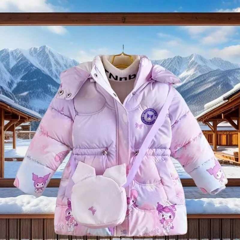 女童棉衣加绒加厚印花库洛米收腰脱帽背包包防寒保暖外套