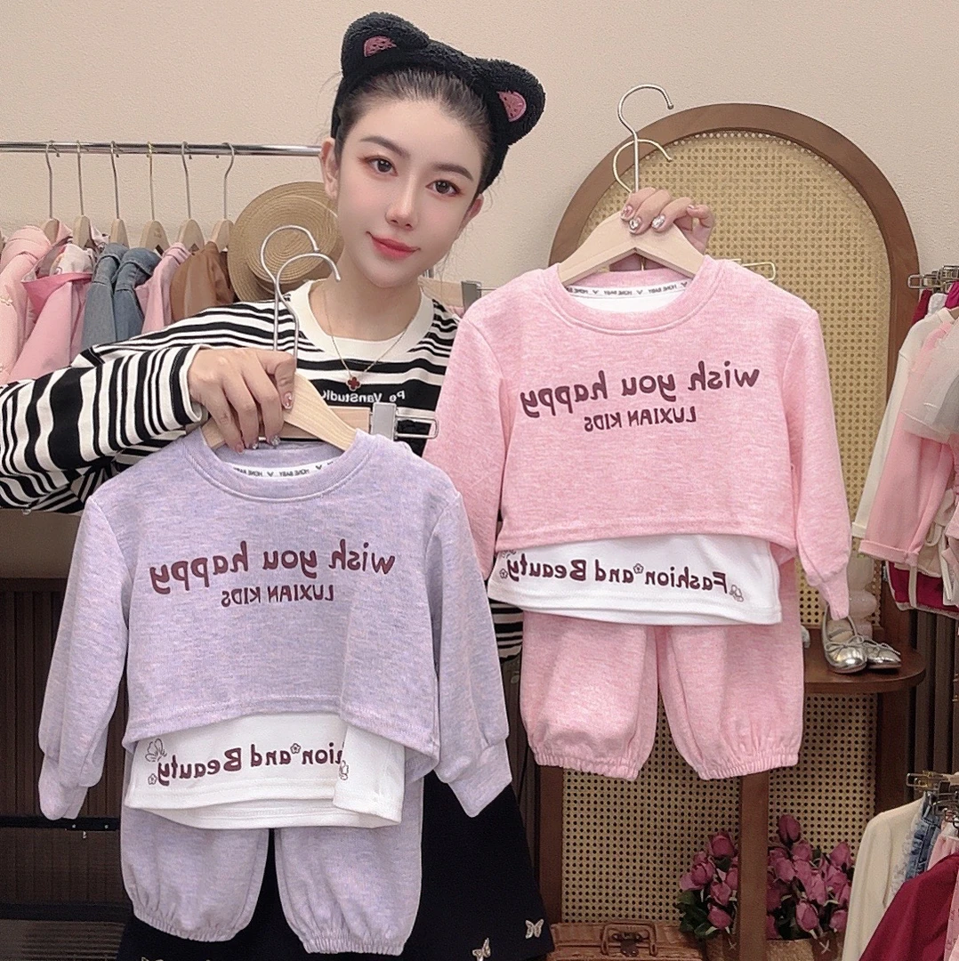 女童假两件休闲套装2024秋装新款儿童宽松上衣束脚裤女宝秋季