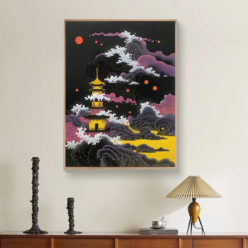 (秋水共长天一色）diy数字油画红线条手工涂色解压治愈丙烯装饰画