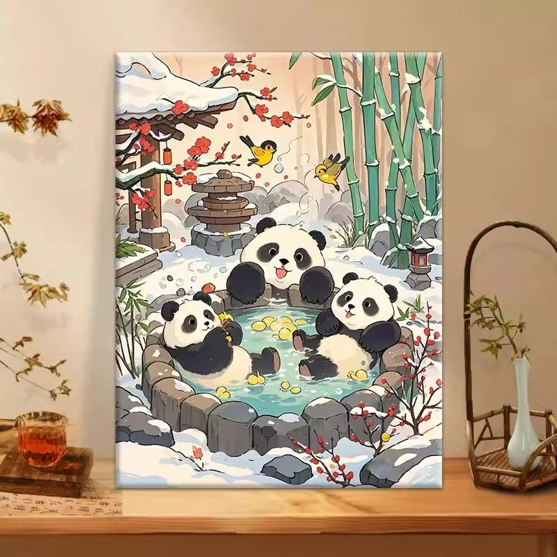 (熊猫团圆）diy数字油画红线条手工涂色解压治愈送礼丙烯装饰画、