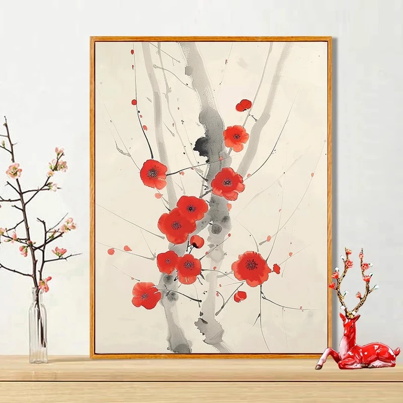 (怒放红梅）diy数字油画红线条手工填涂色解压治愈丙烯装饰画