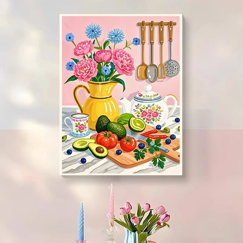 (缤纷果蔬）diy数字油画红线条手工涂色解压治愈送礼丙烯装饰画、