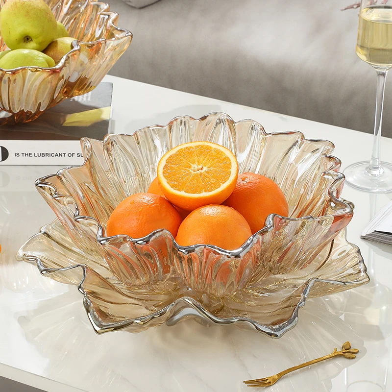 【汐岸家居】北欧轻奢水晶玻璃水果盘花瓣零食盘家用茶几摆件干果盘