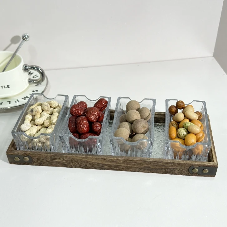 欧式干果盒实木托盘透明加厚玻璃水果盒创意条纹果盘海棠花托盘