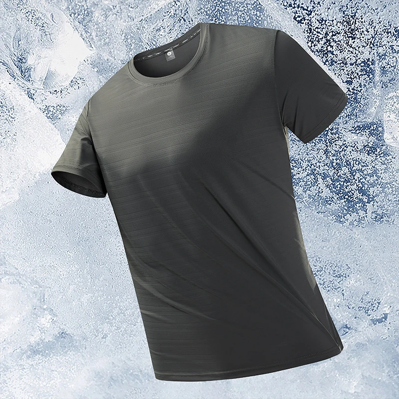 夏季新款男女同款冰丝竹节T恤男士休闲圆领透气弹力速干半袖情侣