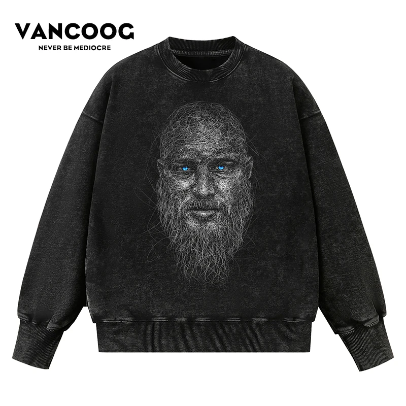 VANCOOG秋季潮蜡染水洗做旧重磅500克圆领宽松落肩线稿印花卫衣男