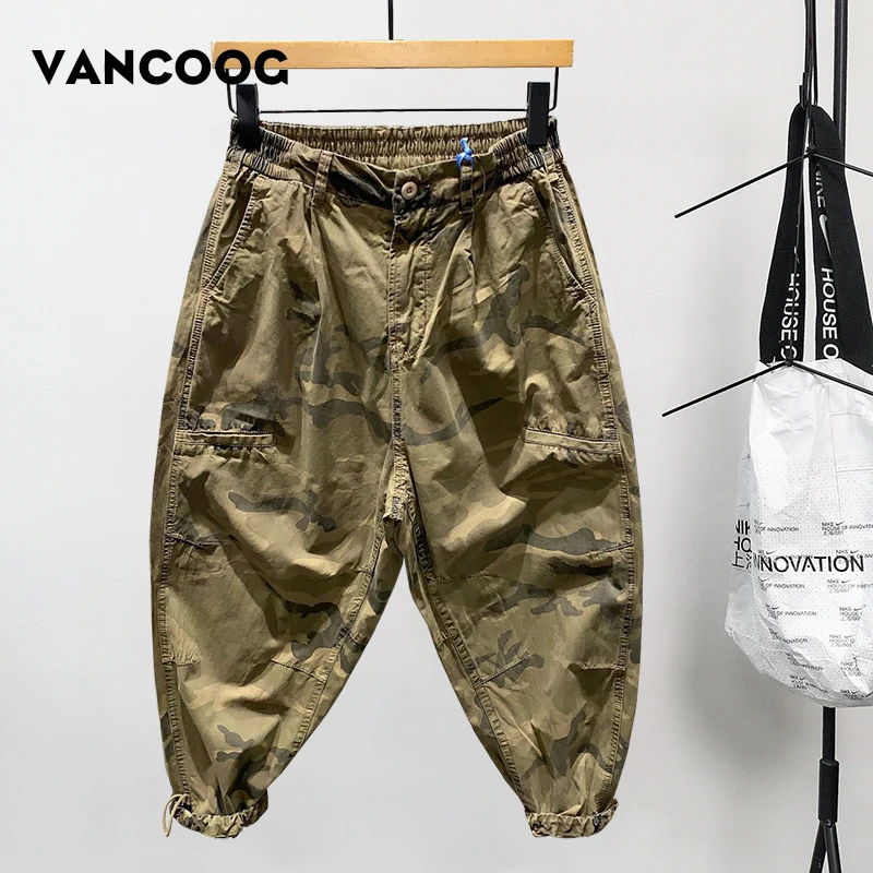 VANCOOG秋季美潮迷彩水洗宽松纯棉百搭低裆哈伦跨裤工装休闲裤男