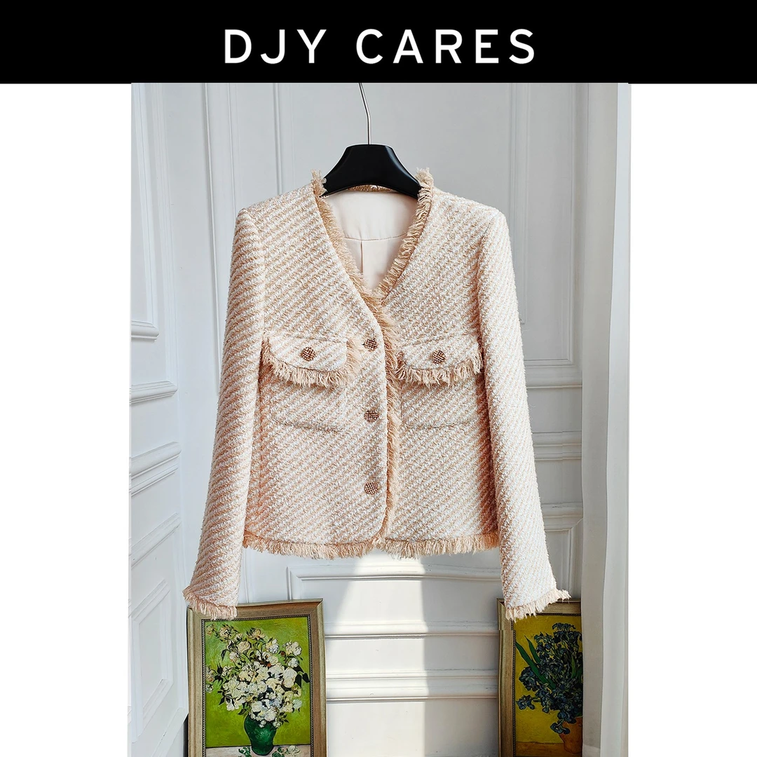 DJYCARES长袖工厂高定双色立体斜纹长袖气质V领百搭流苏短款上衣