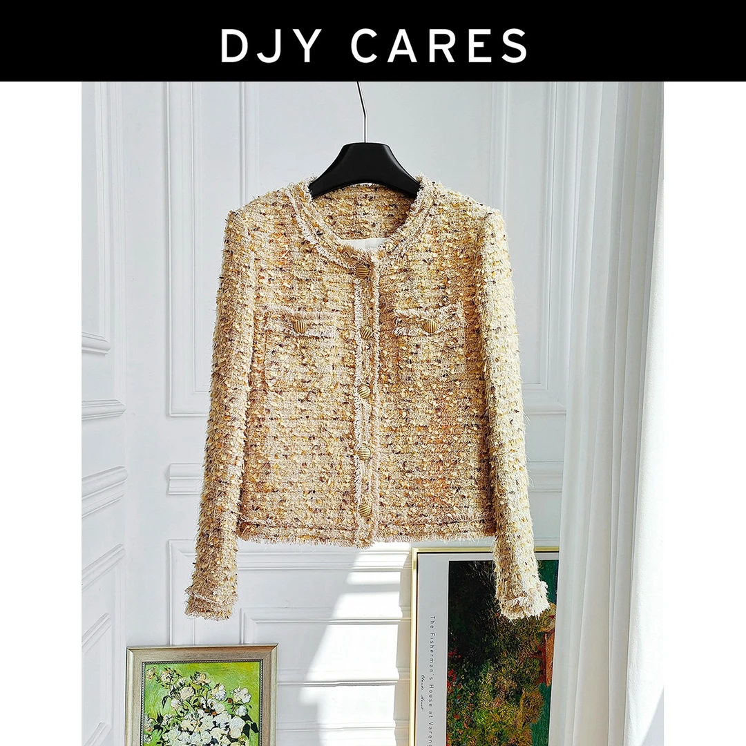 【小黄鸭】 小香风工厂 法式轻奢柔软黄色粗花呢小香风气质圆领外套