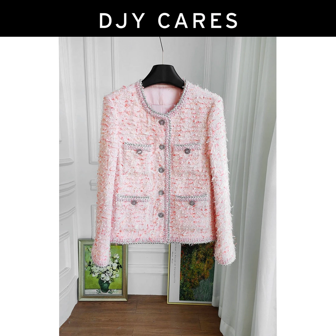 DJYCARES小香风工厂静奢风粉色圆领小香风温柔甜美设计感时尚上衣