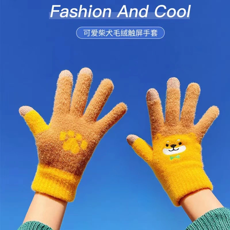 冬季触屏手套女可爱学生骑车保暖加厚绒新款韩版高颜值五指棉手套
