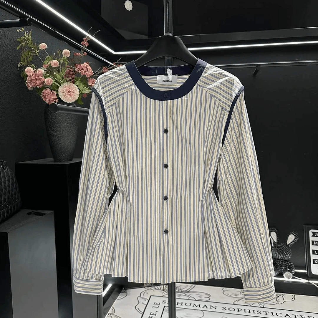 2024秋季新款别致独特显瘦衬衫女时尚设计条纹长袖上衣女潮