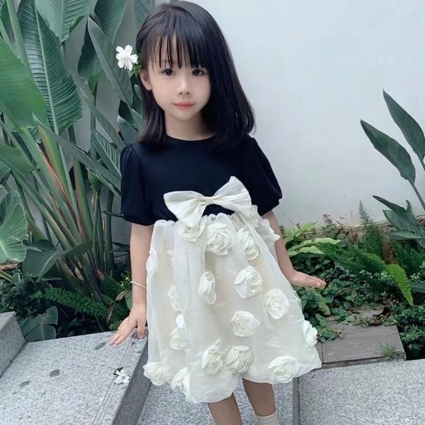 婴格朗迪Q7儿童女童花朵洋气时尚甜美夏季泡泡袖韩版公主连衣裙