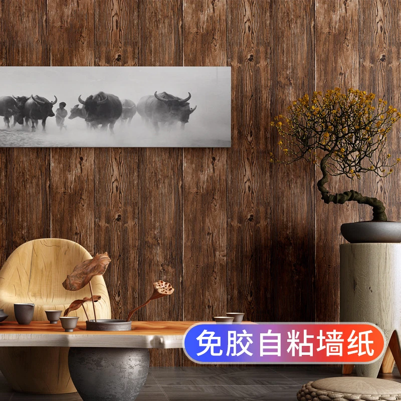 复古3D立体仿木纹木头中国风墙纸自粘饭店背景壁纸防水翻新贴纸