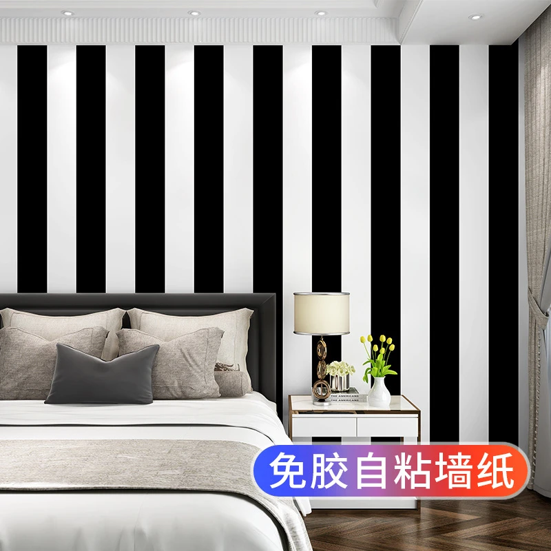 自粘墙纸黑白色竖条纹现代简约客厅卧室理发店餐厅服装店背景壁纸