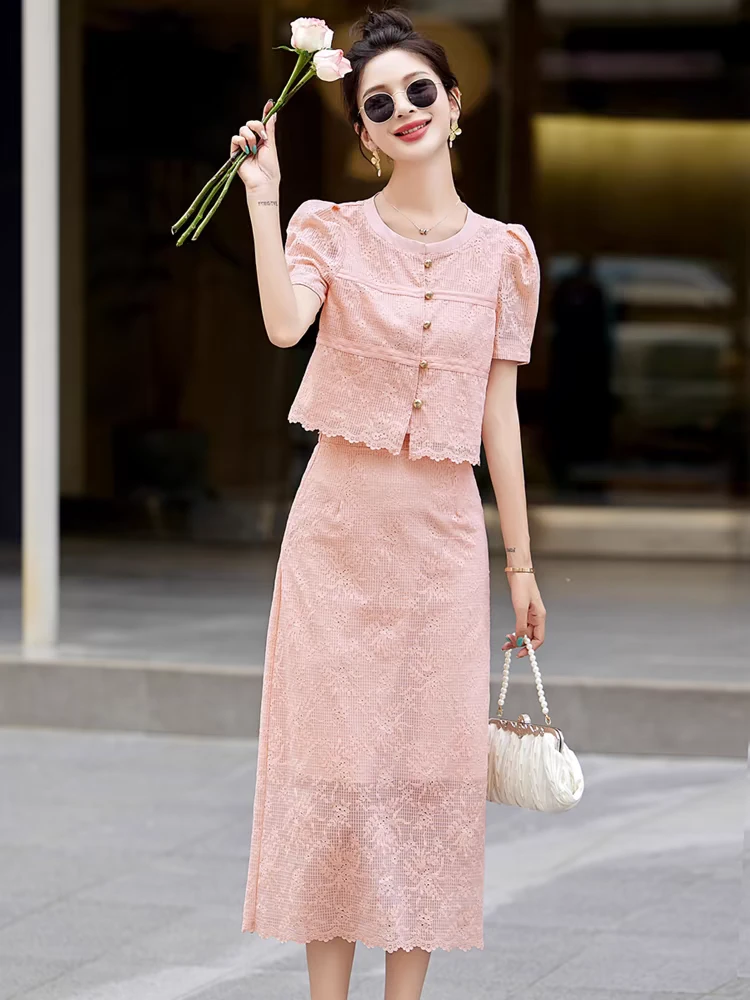 法式蕾丝连衣裙女夏季2024新款高级感气质半身长裙子两件无瑕疵