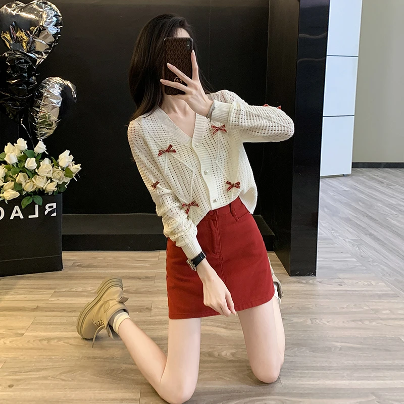 小香风立体蝴蝶结针织开衫女秋季2024新款高级感别致绝美短款上衣