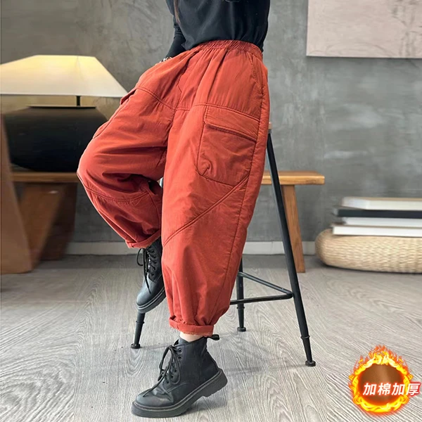 2023冬季新款文艺复古百搭加棉加厚宽松显瘦高腰纯色休闲哈伦裤