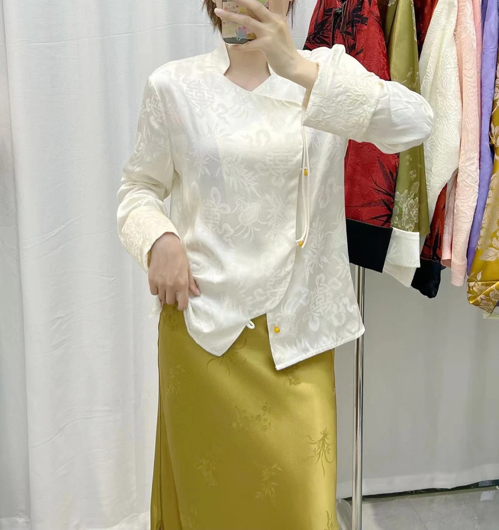 南油高端衬衣24新款独家爆款提花拼刺绣袖口国风衬衫上衣