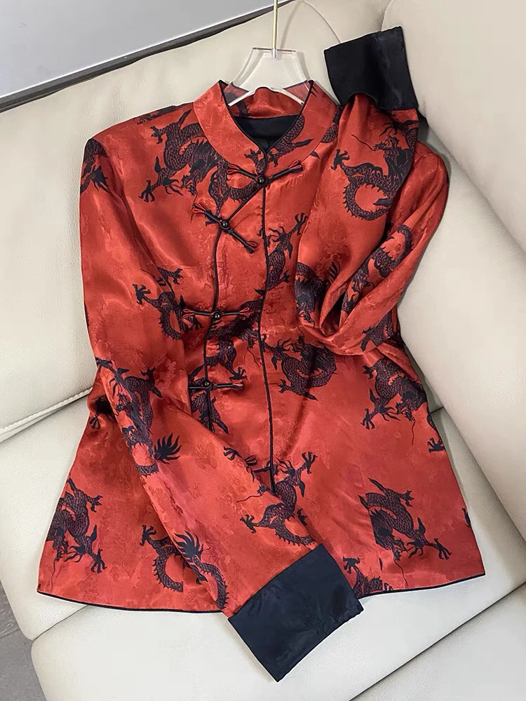 南油爆款新中式立领盘扣重工龙纹提花人丝薄款上衣长袖19171z
