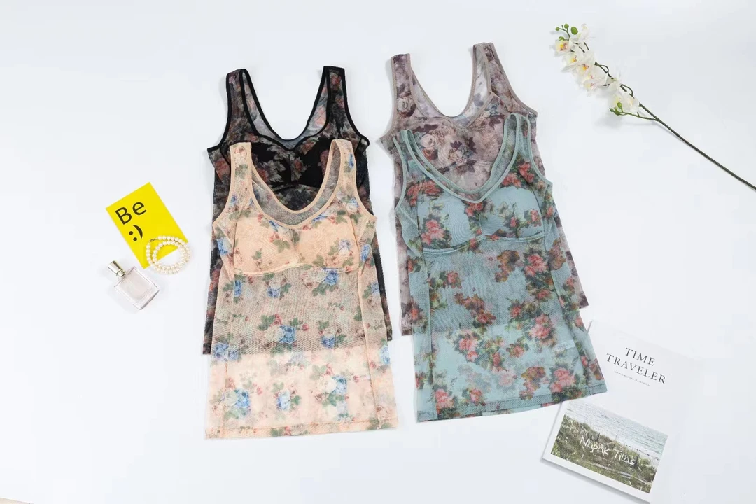 透气新款性感蕾丝网纱印花内衣长背心聚拢无痕免穿文胸一体衣8005