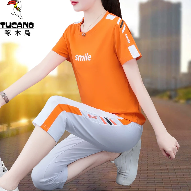 啄木鸟夏季七分裤运动套装女2025新款时尚洋气短袖妈妈休闲两件套