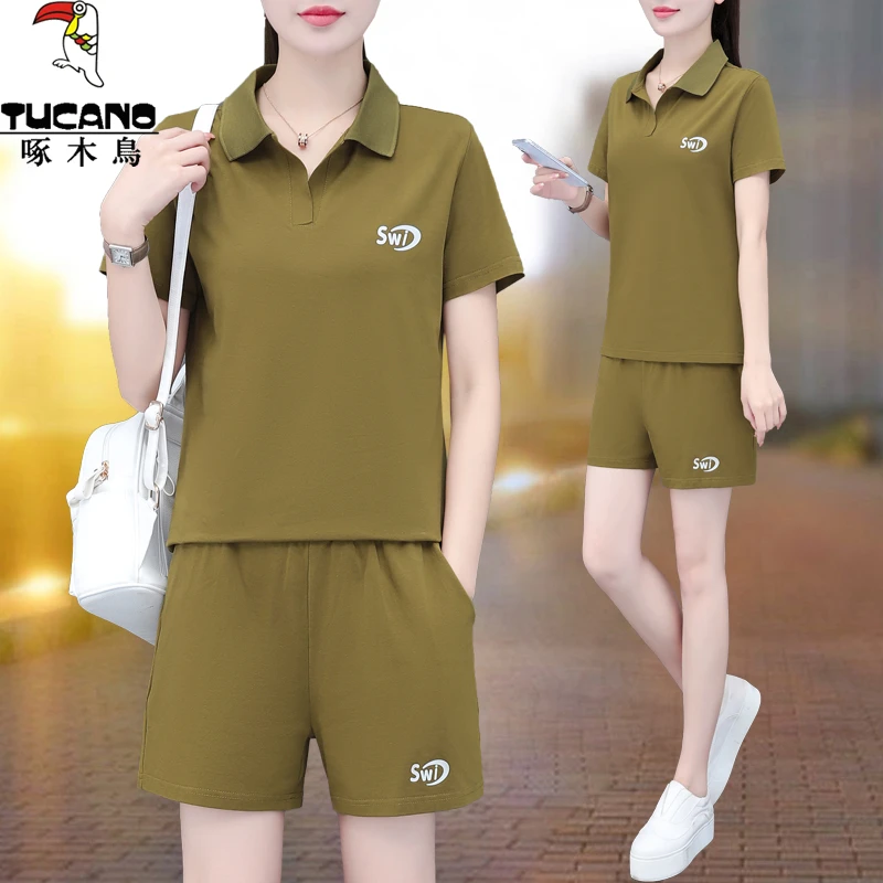 啄木鸟夏季短袖短裤套装女薄款2025新款中年妈妈时尚休闲服两件套
