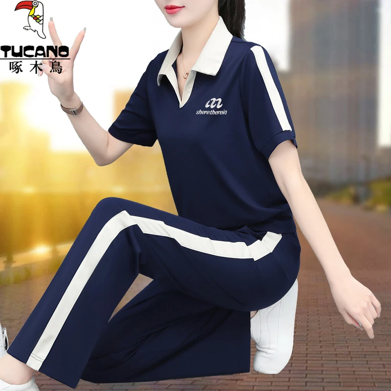 啄木鸟夏款T恤polo领套装女2025新款中老年时尚休闲洋气运动套装