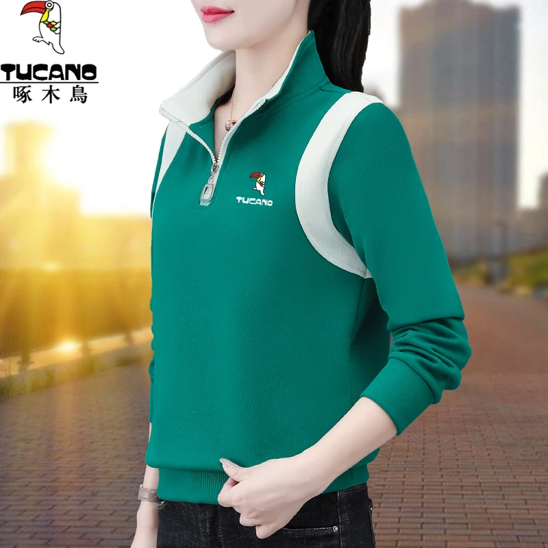 啄木鸟半拉链翻领卫衣女春秋季2025新款中年妈妈大码休闲短款上衣