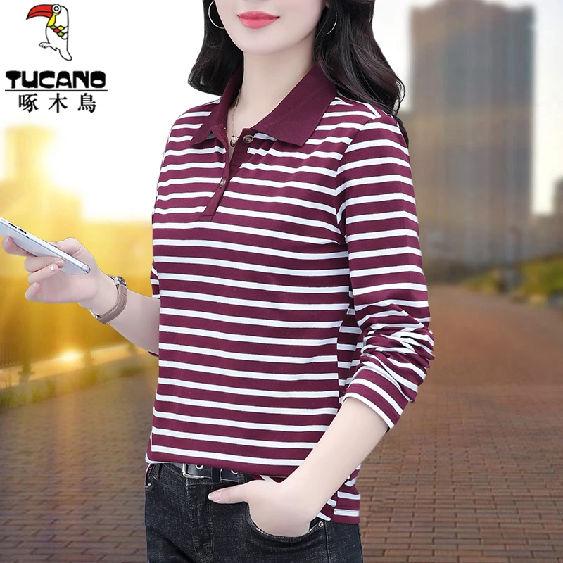 【正品】啄木鸟长袖条纹polo衫t恤女2025新款春秋打底衫女士上衣