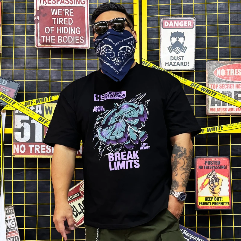 核爆炸杠铃力量大力士健身夏季250g黑色印花宽松半袖短袖全棉t恤