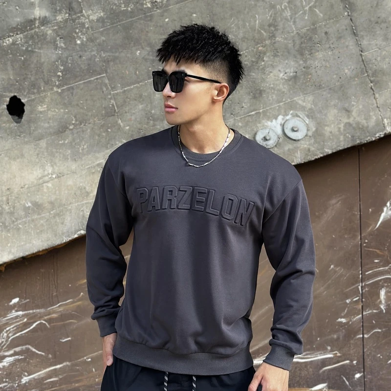 立体钢印健身长袖卫衣男篮球训练跑步秋冬运动休闲弹力圆领t恤