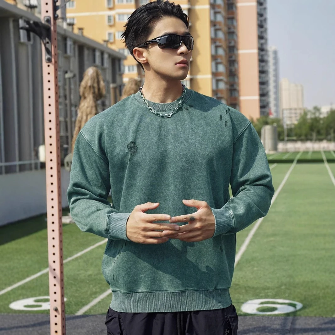 秋冬圆领男士休闲运动上衣潮流宽松大码套头跑步健身水洗卫衣长袖