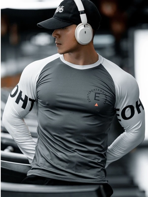 肌肉男士春秋新款健身运动休闲跑步训练速干圆领弹力修身印花长袖