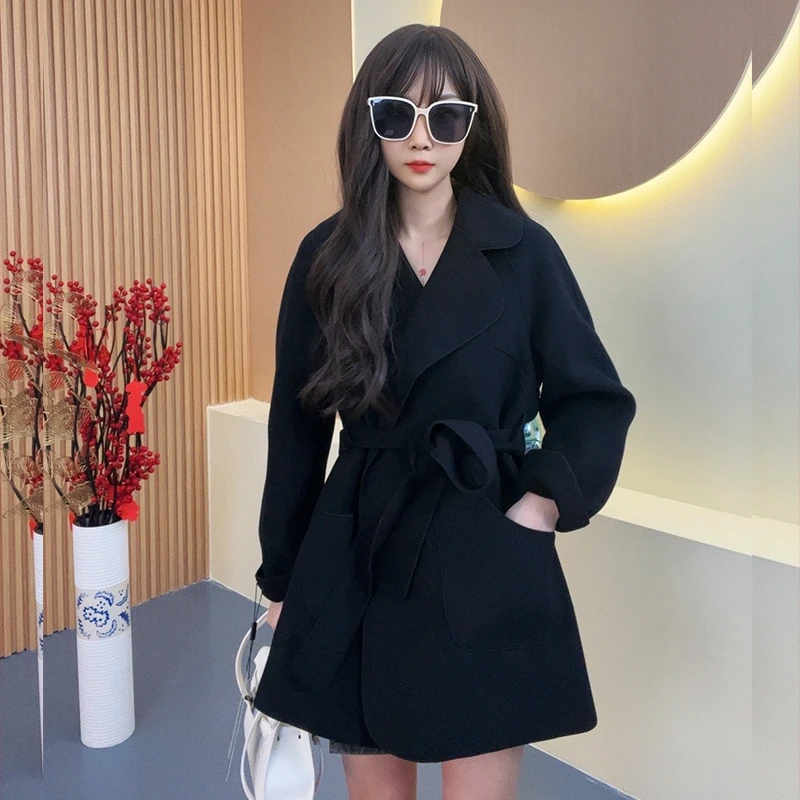 小个子韩版双面绵羊毛大衣女中长款时尚百搭显瘦宽松秋冬毛呢外套