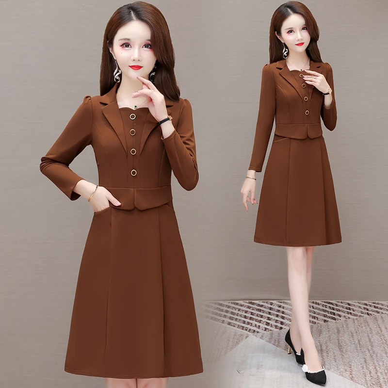 5020假两件长袖连衣裙女春季新款时尚洋气收腰显瘦中长款裙子