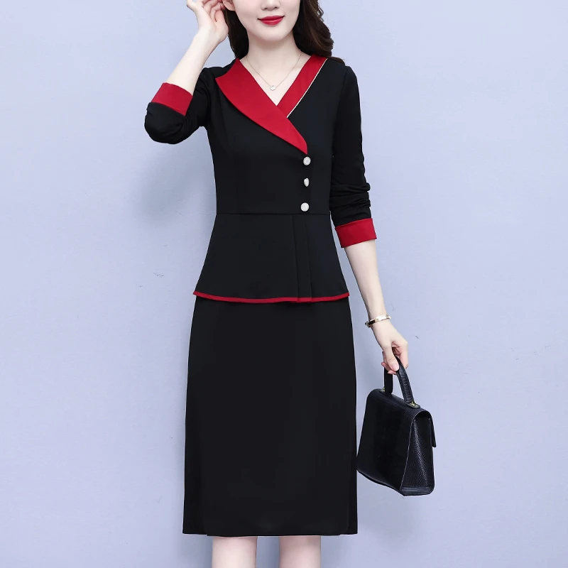 6118大码女装秋季新款胖mm洋气遮肚子显瘦百搭长袖假两件连衣裙