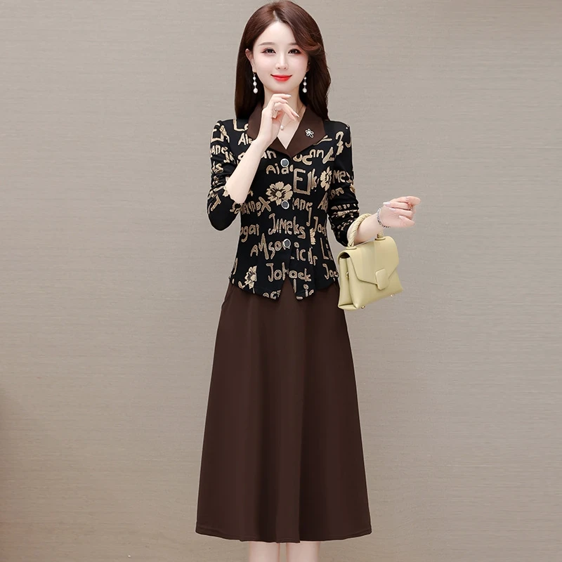 8190假两件长袖连衣裙女春季新款气质妈妈修身拼接西装领裙子