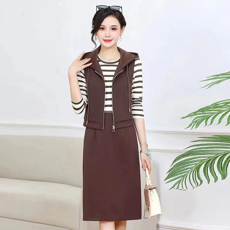 6143连帽马甲圆条纹领连衣裙两件套女新款春装修身显瘦裙子套装