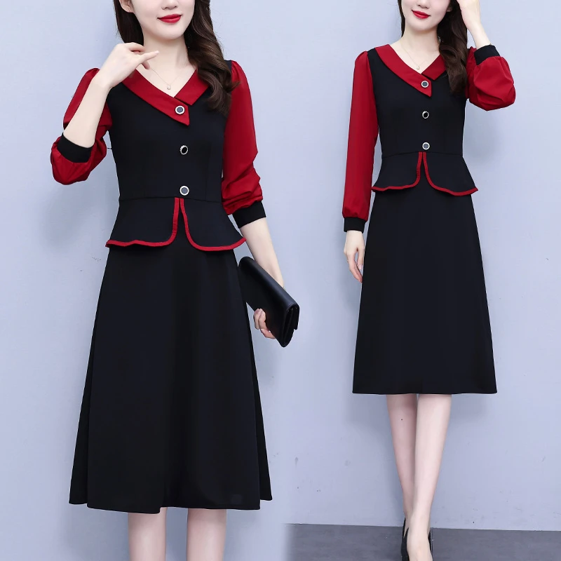 8096大码女装秋季新款胖mm显瘦洋气荷叶边长袖中长款假两件连衣裙