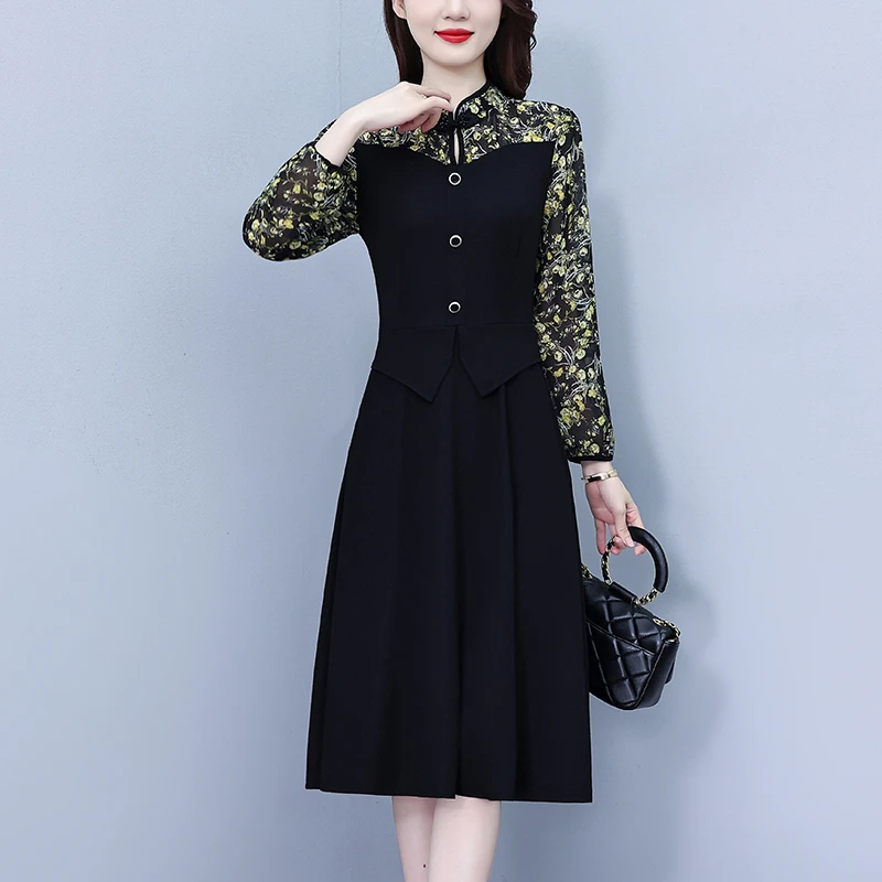 1127假两件长袖印花连衣裙秋季新款气质显瘦时尚收腰裙子中年妈妈