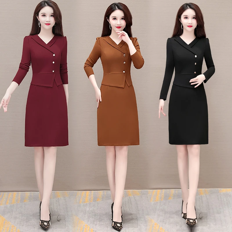 9829春秋季新款西装领长袖修身收腰气质减龄打底包臀连衣裙